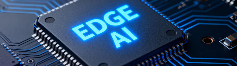 close up of processor on a motherboard with the text "edge ai"