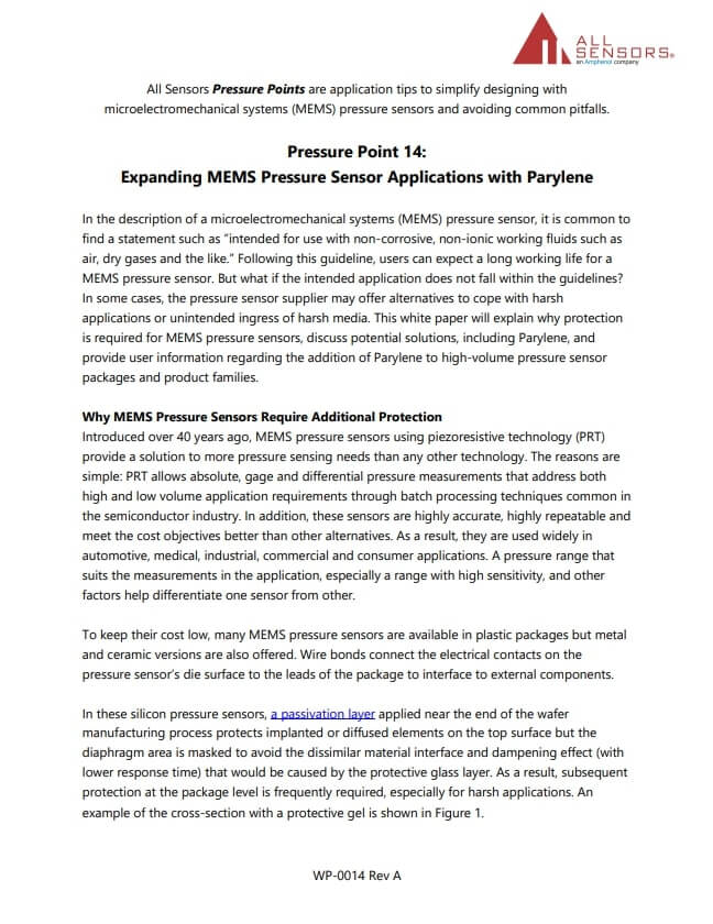 Expanding MEMs Pressure Sensor Applications with Parylene