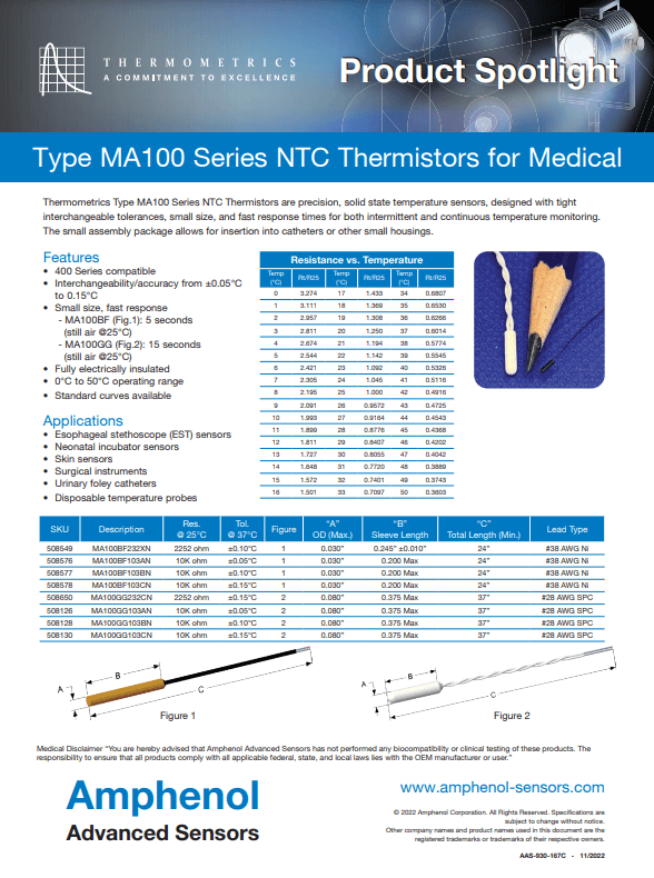 Type MA100 Series NTC Thermistors for Medical Applications