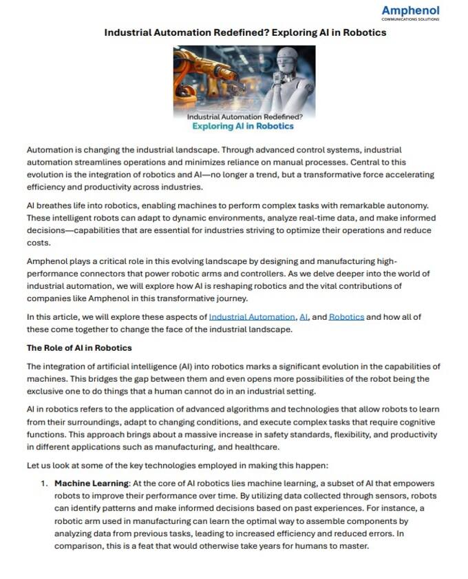 Amphenol Redefining Industrial Automation with AI Robotics PDF Cover
