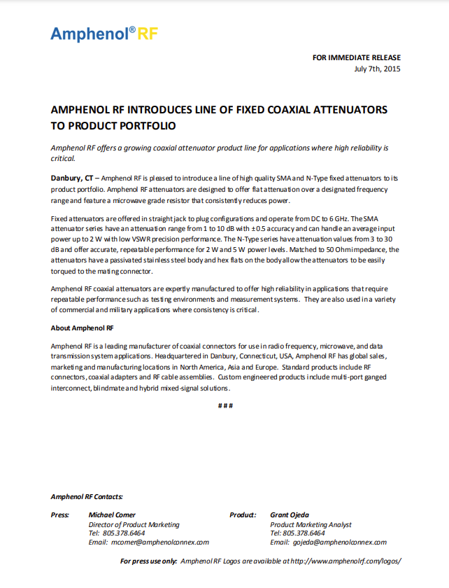 Amphenol RF Fixed Coaxial Attenuators