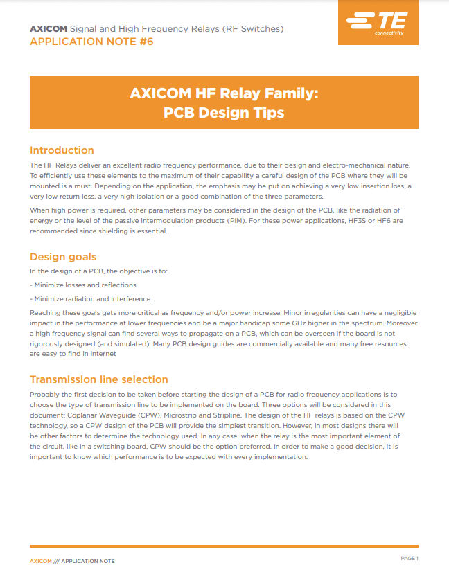 Axicom / TE Connectivity PCB HF Relays Application Notes