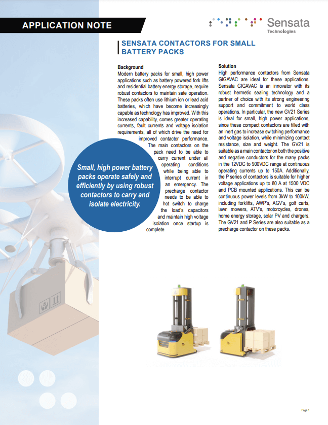 GIGAVAC Contactors for Small Battery Packs Application Note PDF Cover