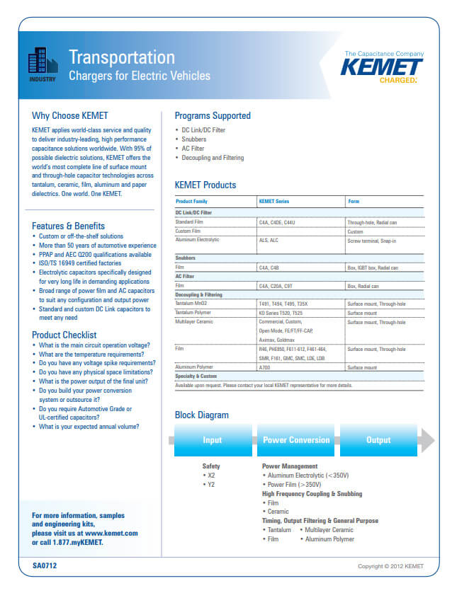 Kemet Chargers for Electric Vehicles Brochure PDF Thumbnail