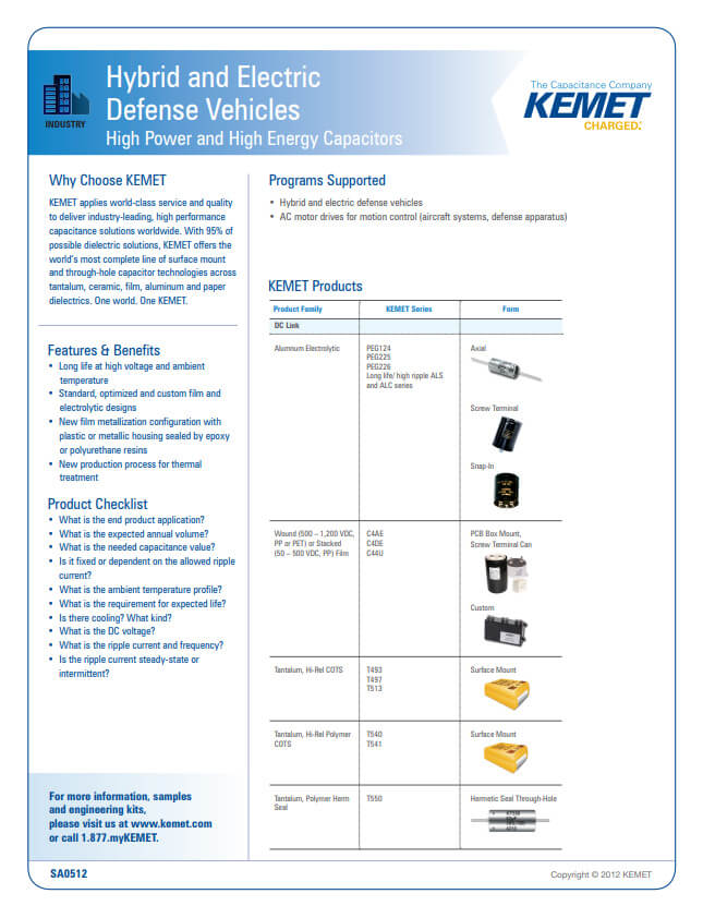 Hybrid and Electric Defense Vehicles High Power & High Energy Capacitors Brochure PDF cover