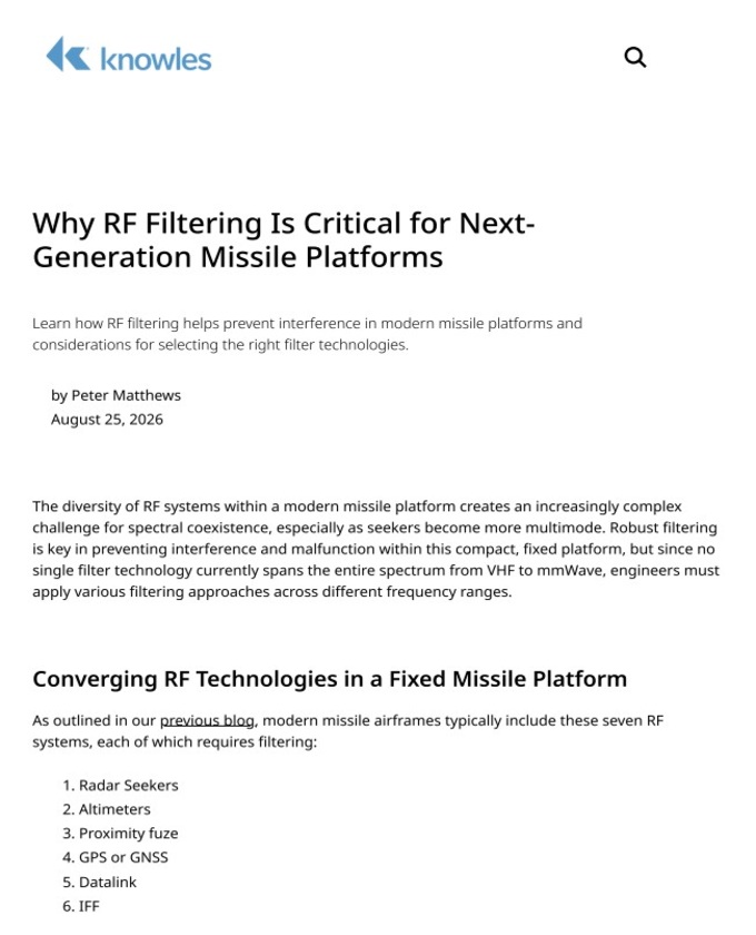 Knowles Advanced RF Filtering Solutions for Missiles Guide Cover