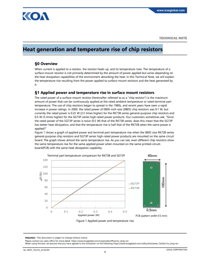 KOA Speer Chip Resistor Heat and Temperature Rise Technical Note