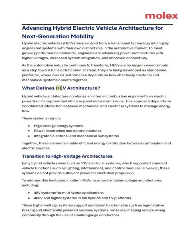 Molex Hybrid Electric Vehicle Architecture PDF Cover
