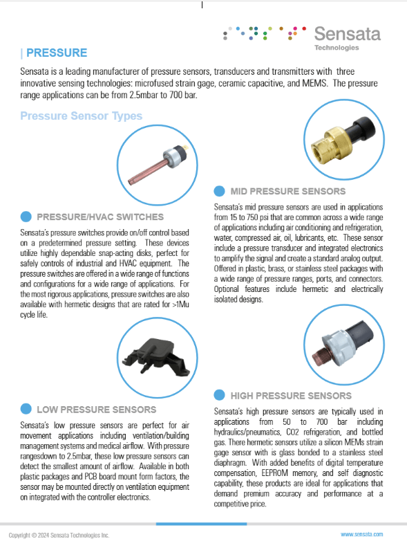 Sensata Industrial Pressure Sensors Line Card PDF Cover