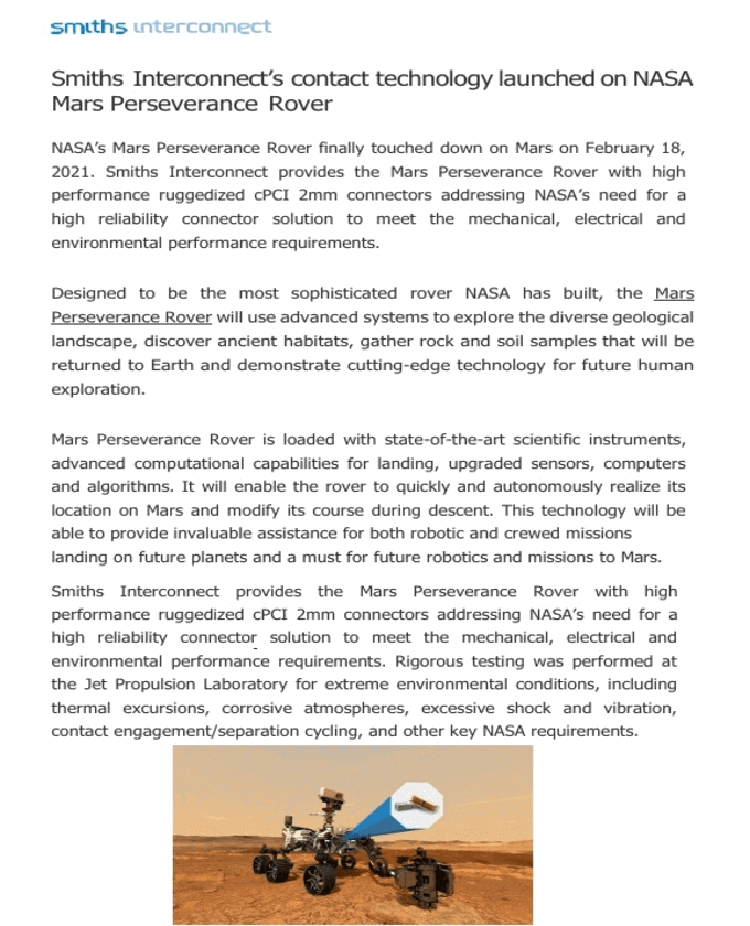 Smiths Interconnect Mars Perseverance Rover PDF Cover