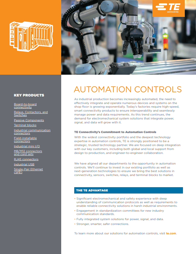 TE Connectivity Automation Controls PDF Cover