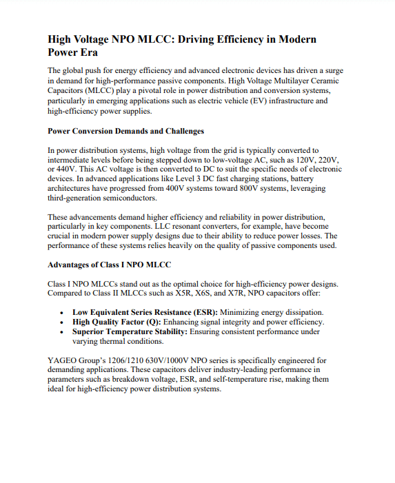 YAGEO High Voltage NPO MLCCs White Paper