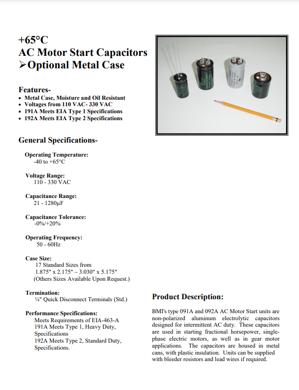 Barker Microfarads +65°C AC Motor Start Capacitors TTI, Inc.