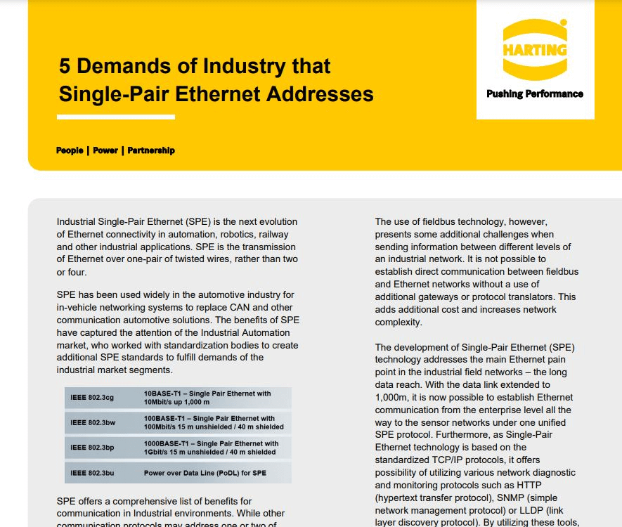 HARTING SIngle Pair Ethernet Demands PDF Cover