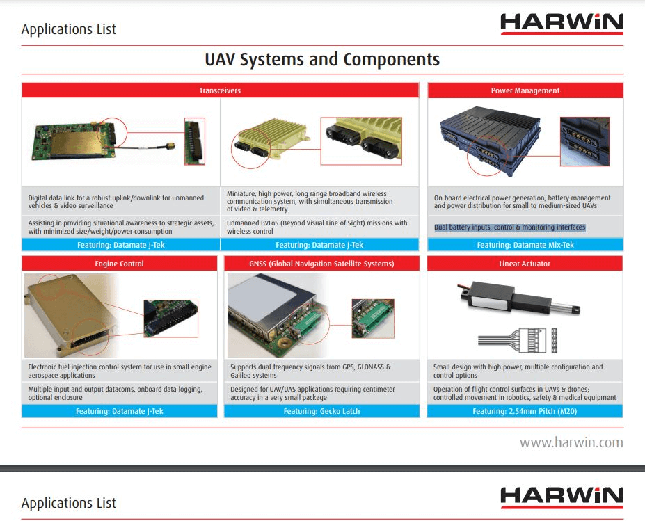 Harwin UAV Systems and Components Application List