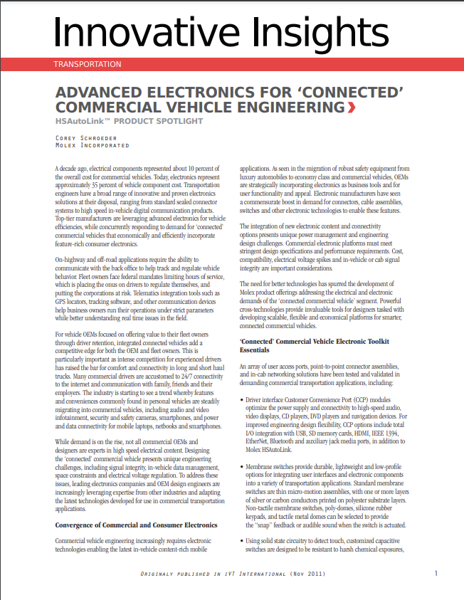 Molex  "Connected" Commercial Vehicle Engineering PDF Cover