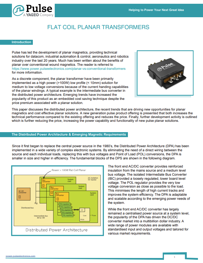 Pulse Electronics Flat Coil Planar Transformers
