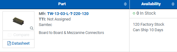 Part Search result page with Factory Stock