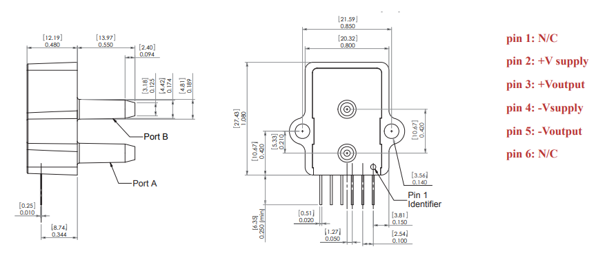 Amphenol All Sensors AXCX Series Output Pressure Sensors Dimensions