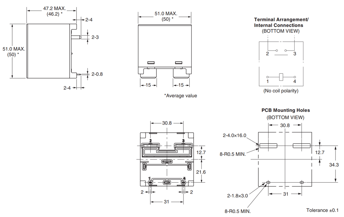 Omron G9KA PCB Power Relays Dimensions