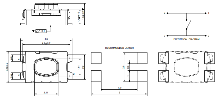 C&K KMR2 Microminiature SMT Tactile Switches Dimensions With No Ground Pin