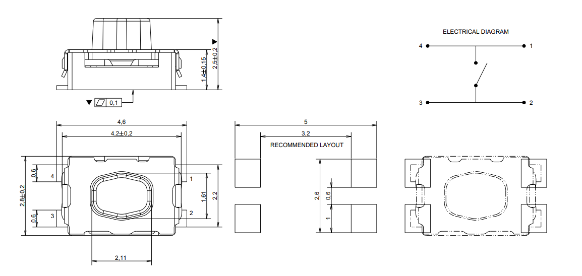 C&K KMR7 Series Microminiature Tactile Switches Diagram