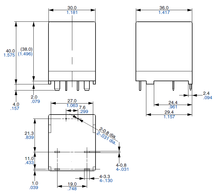 Panasonic HE-S Series Power Relays Product Dimensions
