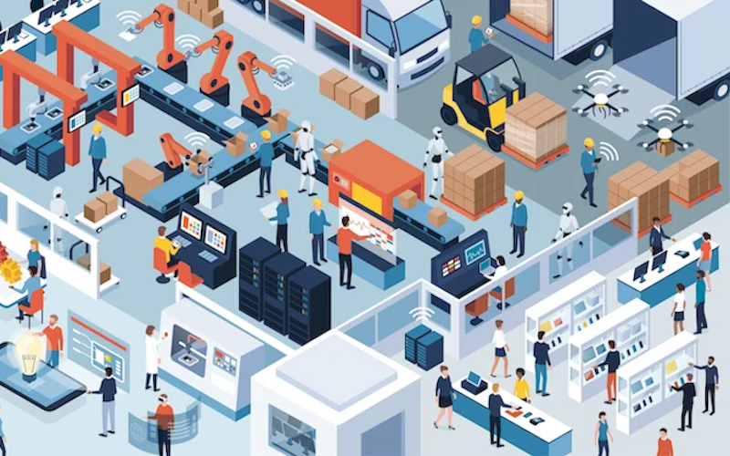 cartoon of people and robotos on a factor floor