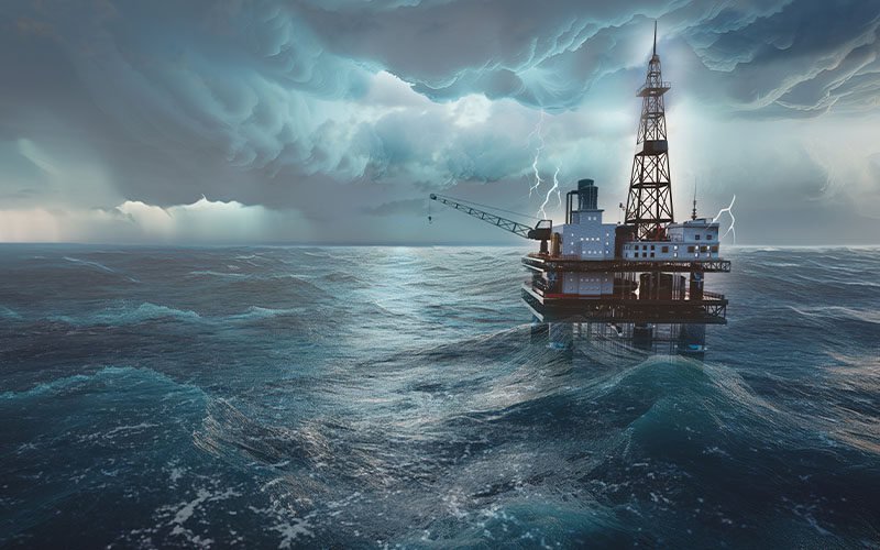An offshore oil platform stands in rough ocean waters beneath dark storm clouds and lightning.