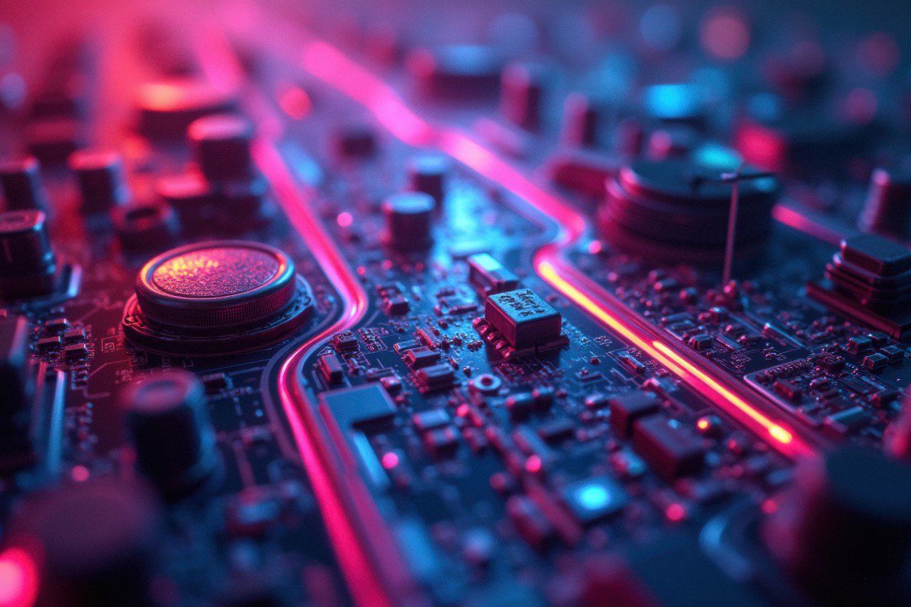 close up of circuit board in colors of deep blue and neon pink