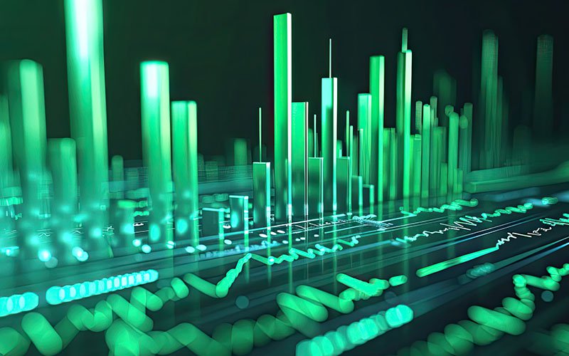 Image showing a 3D bar chart representing market performance, with green bars indicating upward trends