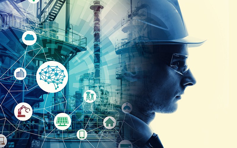 Engineer side profile with icons and machinery in the background