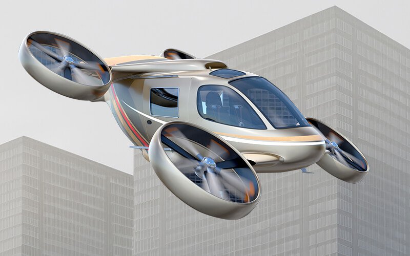 Futuristic flying vehicle, resembling a car with multiple propellers - eVOTL aircraft