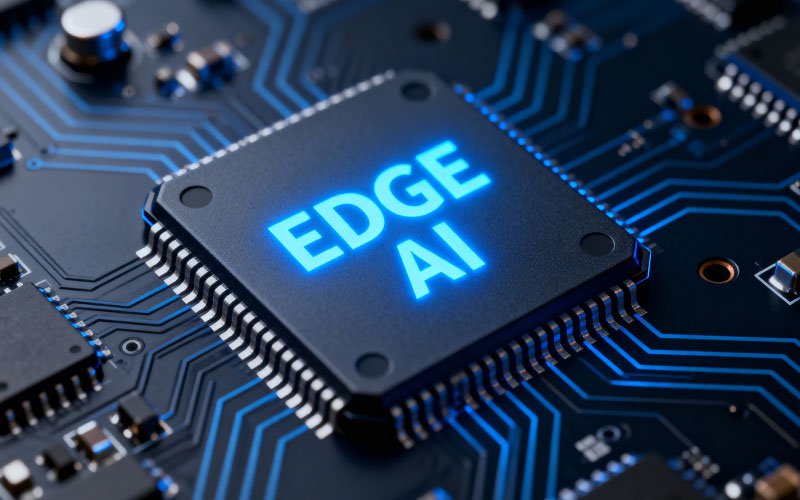 A microchip labeled “EDGE AI” glowing in blue neon.