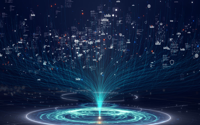 A digital representation of data streams flowing into a vortex of light.