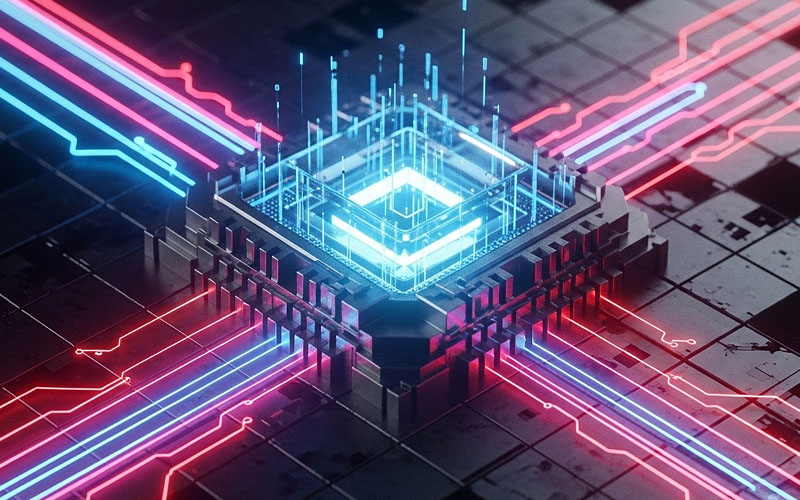 A glowing blue processor chip on a dark circuit board with red and blue light trails.