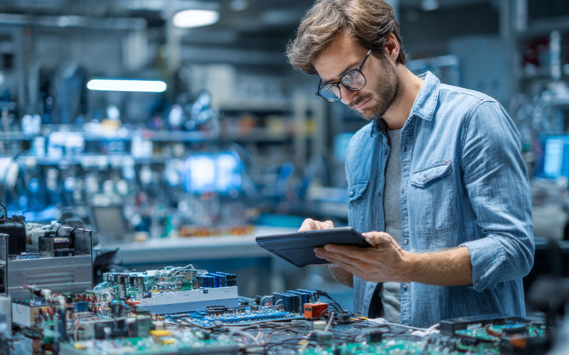 A person inspecting electronic circuit boards on a tablet in a modern electronics workshop.