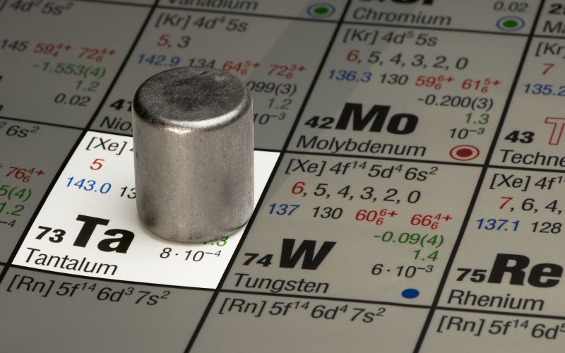 A cylindrical piece of Tantalum is placed on a periodic table.