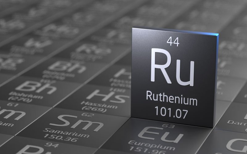 3D illustration of the periodic table element ruthenium (Ru), atomic number 44, with atomic weight 101.07 displayed on a metallic tile.
