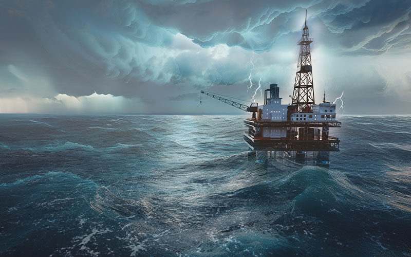 An offshore oil platform stands in rough ocean waters beneath dark storm clouds and lightning.