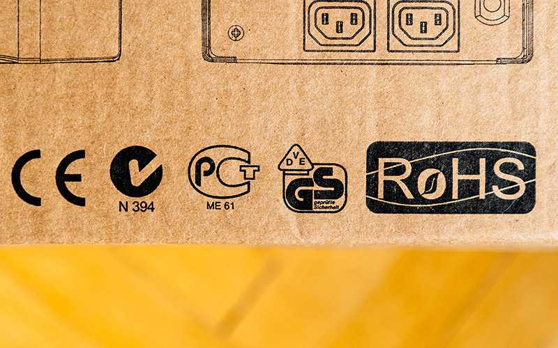 EU RoHS Compliance and Regulatory Certification icons on packaging
