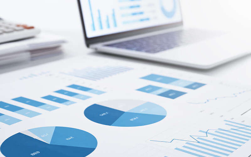 paper and laptop showing charts and graphs